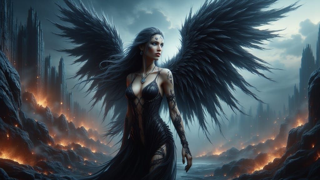 Fallen Angel with Black Wings in Apocalyptic Landscape