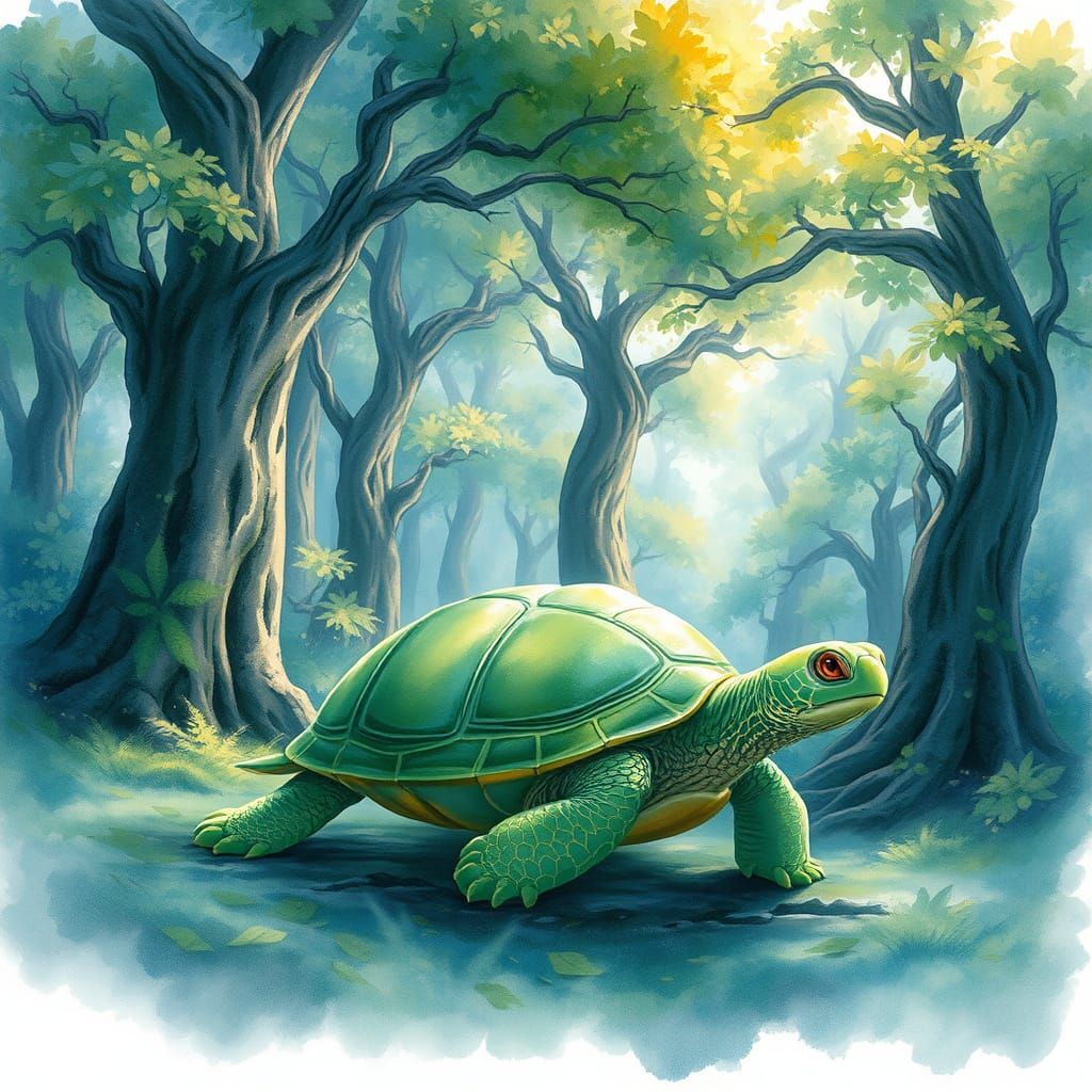 Whimsical Watercolor Turtle in an Enchanted Forest