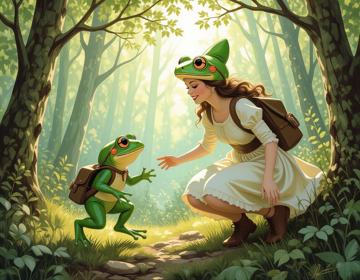 Woman and Child Frogs in Forest, Fantasy Illustration