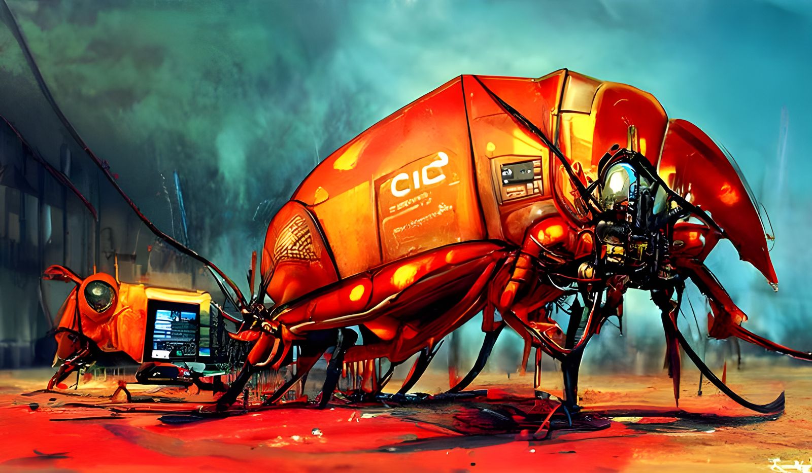Giant Cyber Bug Over Dystopian City as Detailed Sci-Fi Paint...