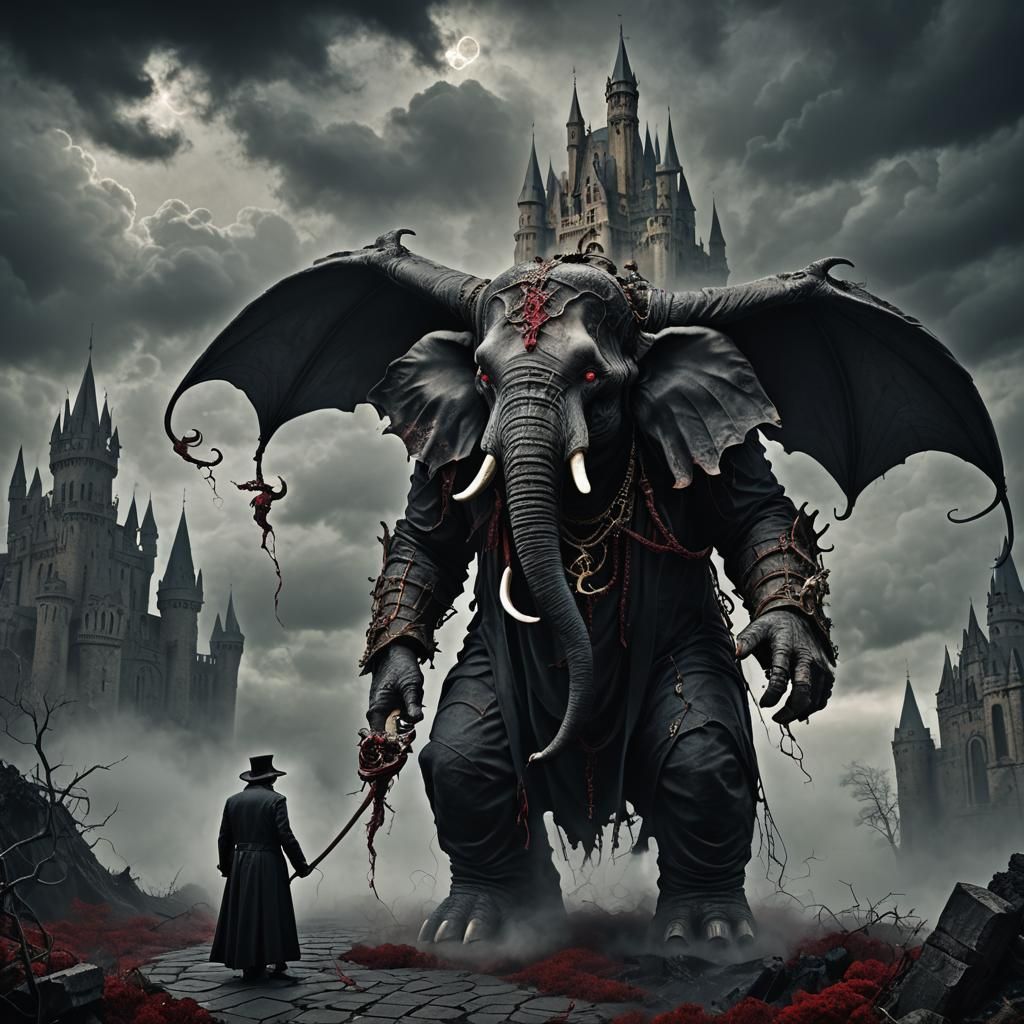 A stunning dark fantasy photograph, featuring a deformed half-elephant god hybrid eldritch horror. The creature is dress...