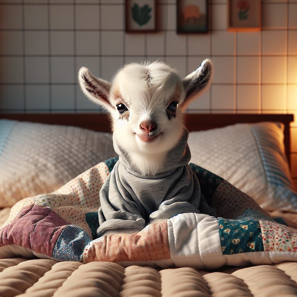 Cute Baby Goat in Pajamas on Cozy Bed