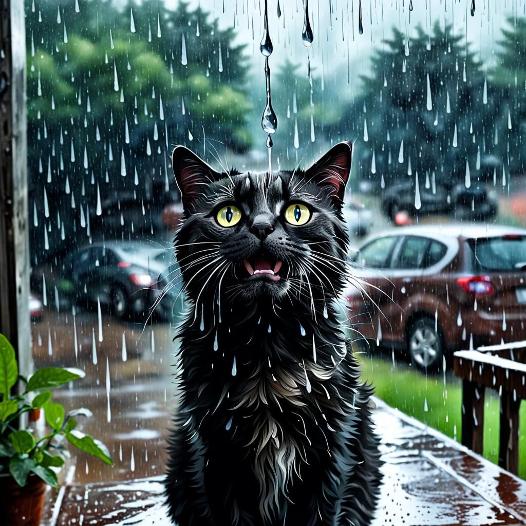 Cat Caught in Pouring Rain: Digital Art