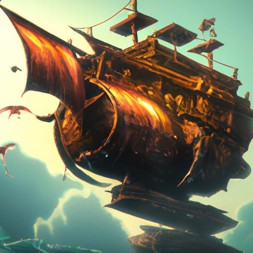 Fantastical Ship Sailing on Air in Matte Painting Style