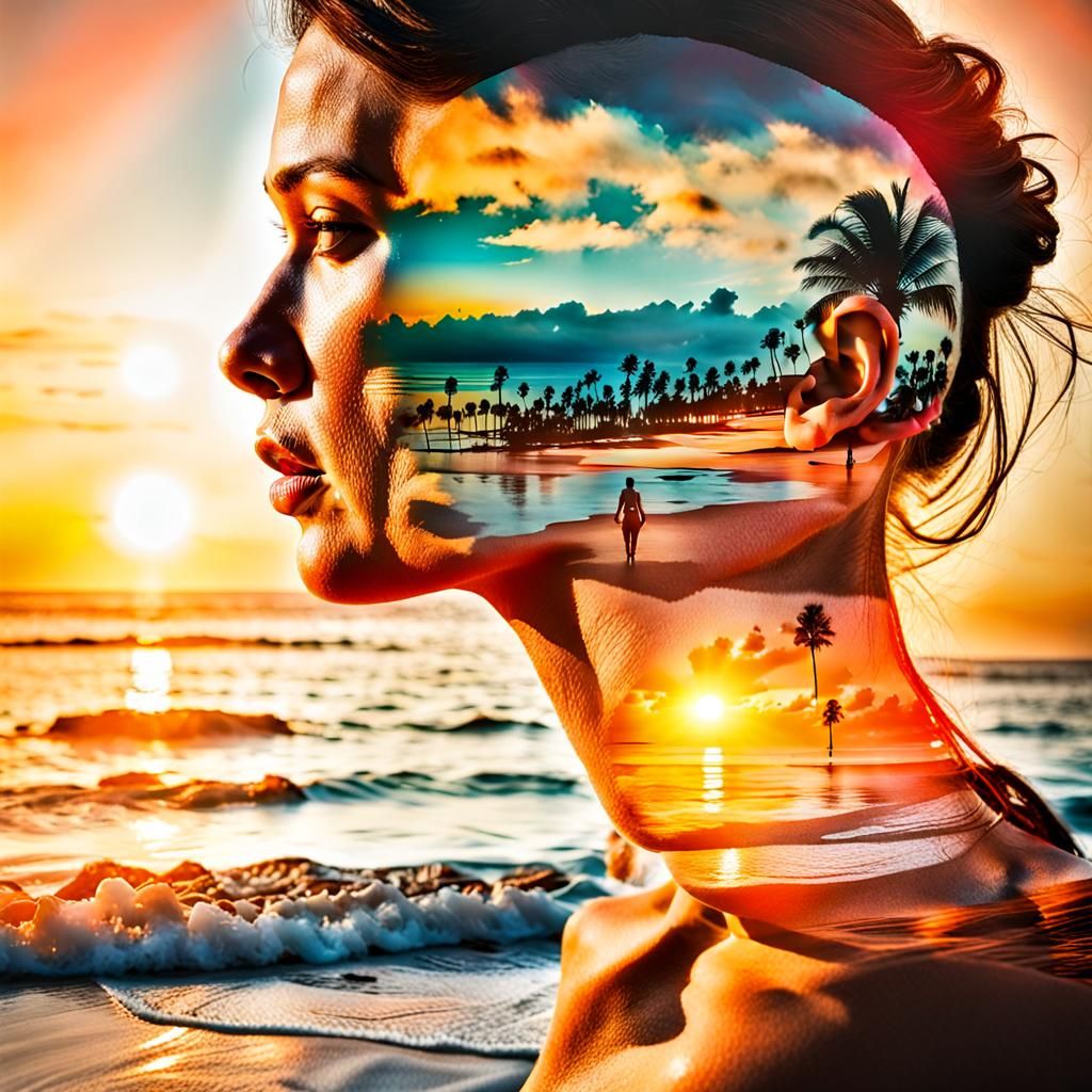 Double Exposure: Beach Sunset and Working Woman