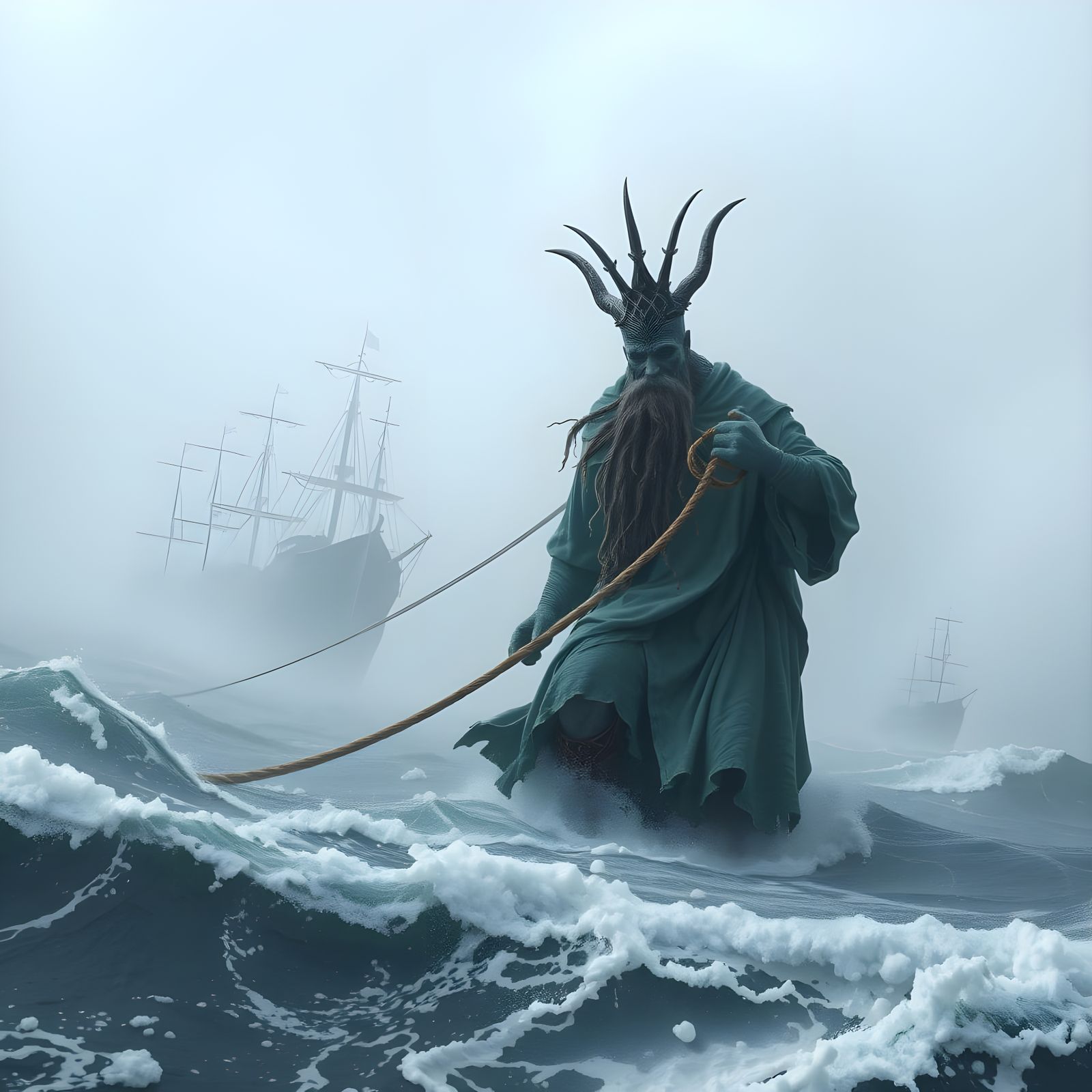 Neptune Towing Galleons Through a Misty Storm