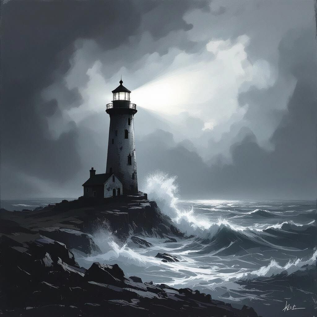 Monochrome Lighthouse in Stormy Seas