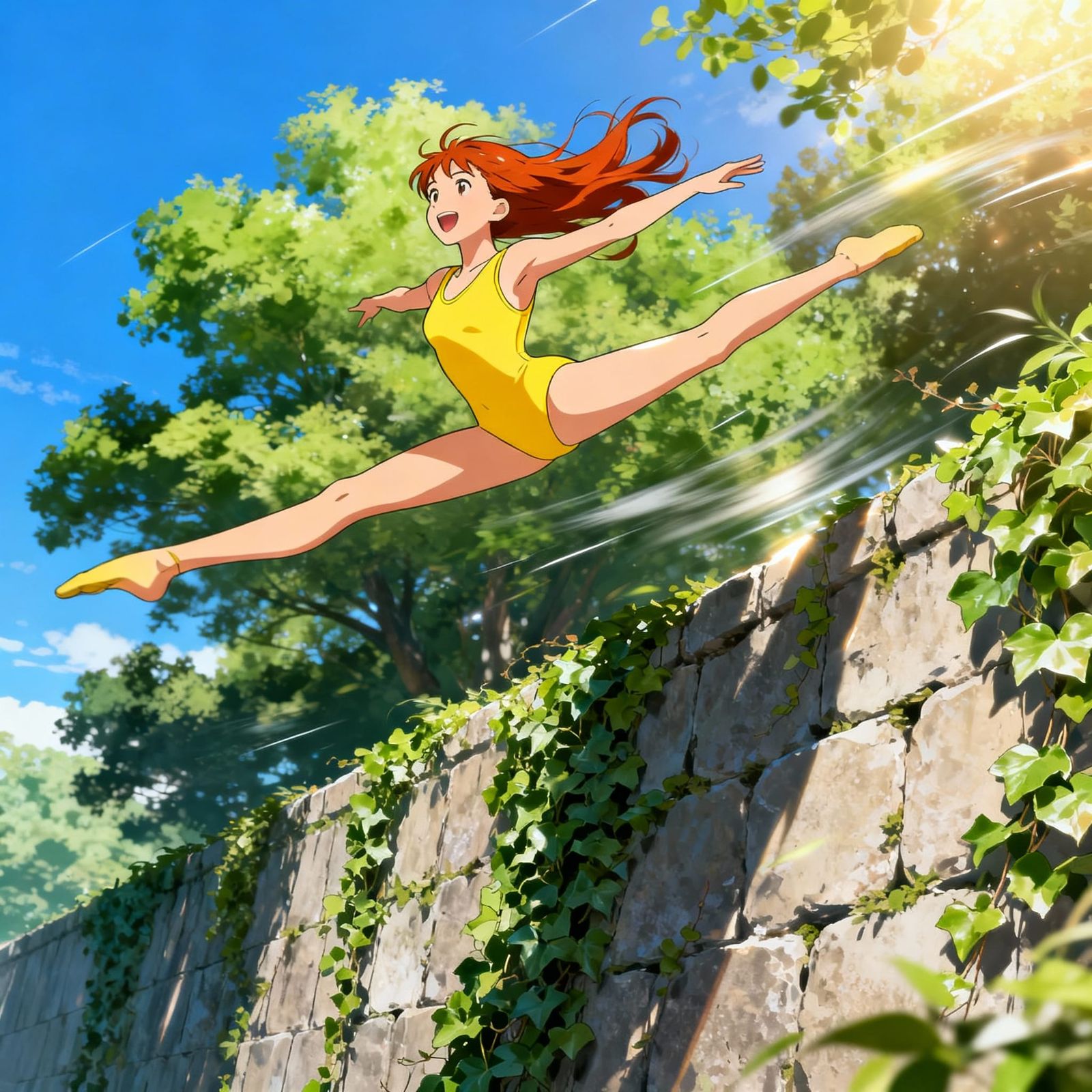 Joyful Woman Split-Jumps Over Ivy Wall in Anime Style