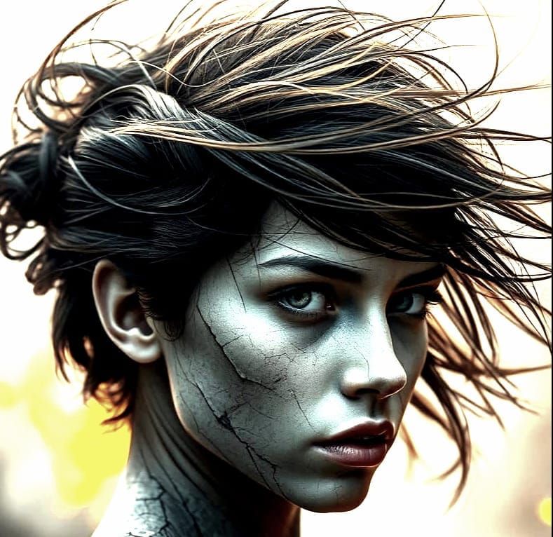 Distressed, Hyperrealistic Female Figure in a Fiery Backgrou...