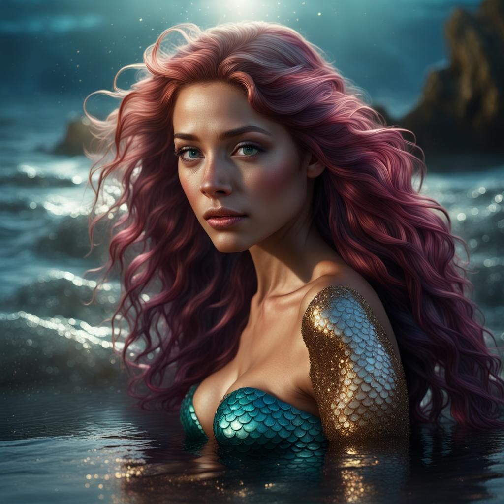 Beautiful Mermaid Shimmering on Beach in CGI Style