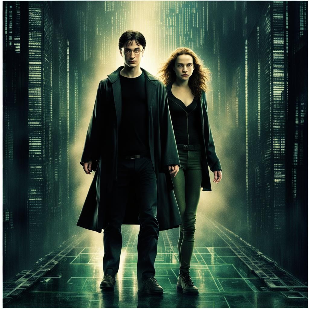 Harry Potter as Neo, and Hermione as Trinity, inside the Mat...