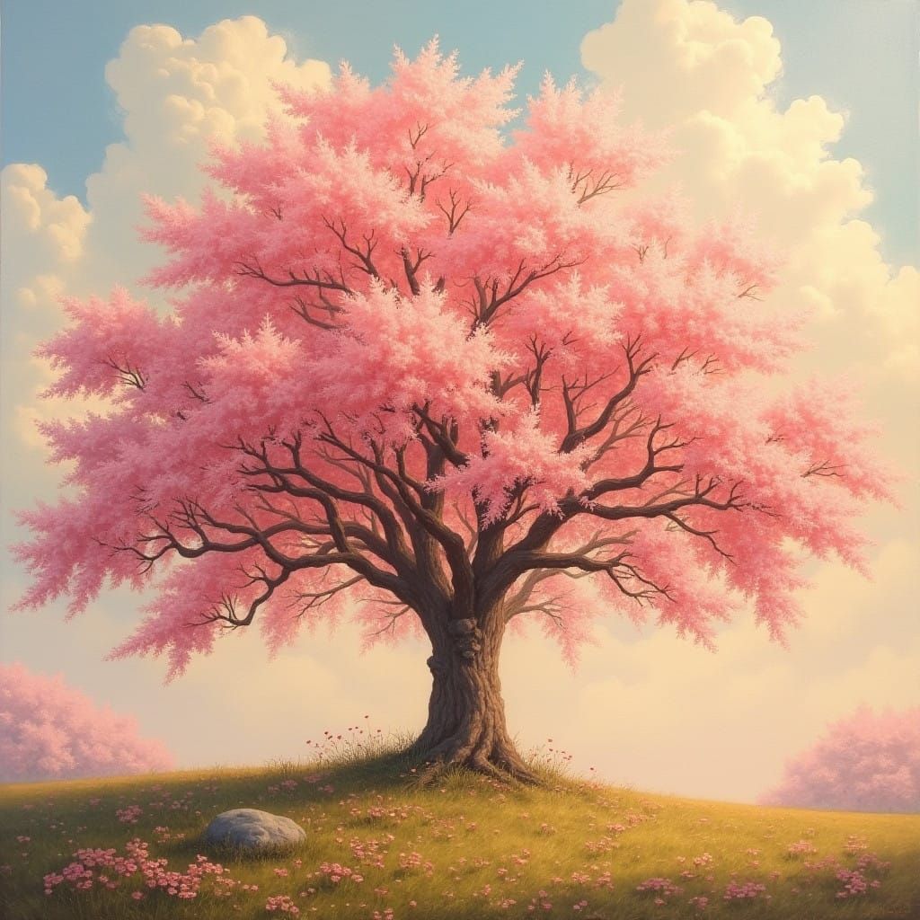 Romantic Peach Blossom Tree in Impressionist Oil Painting St...