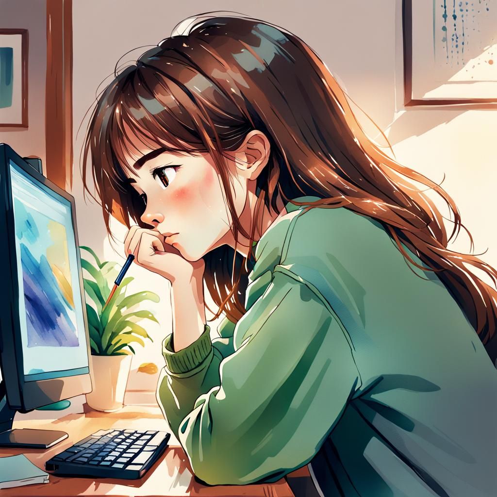Tired Woman Working at Computer in Manga Style