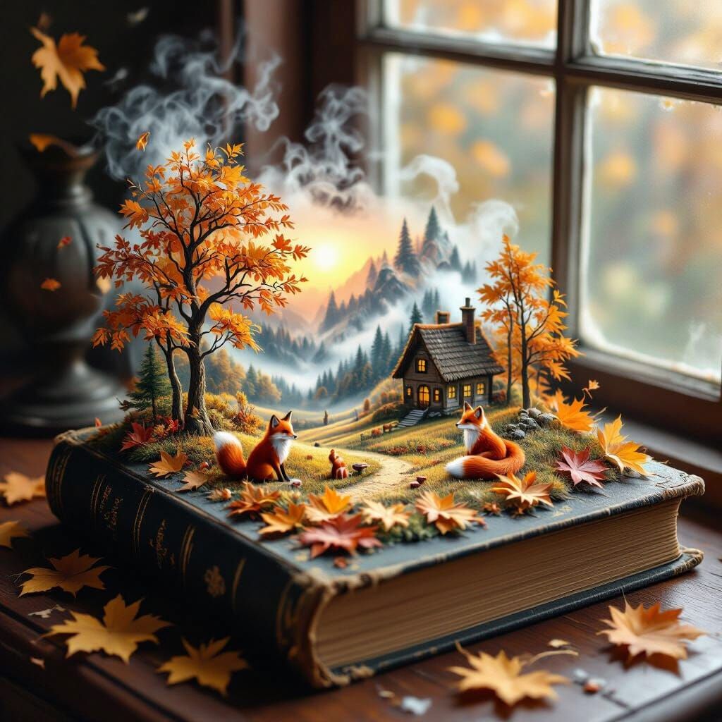 Miniature Autumn Landscape on Book with Fairytale Foxes