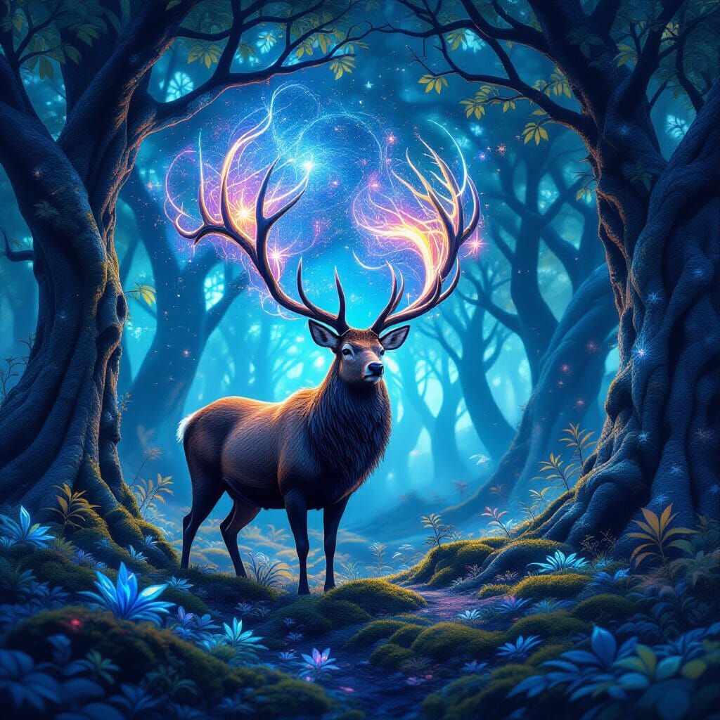 Cosmic Stag in Bioluminescent Forest