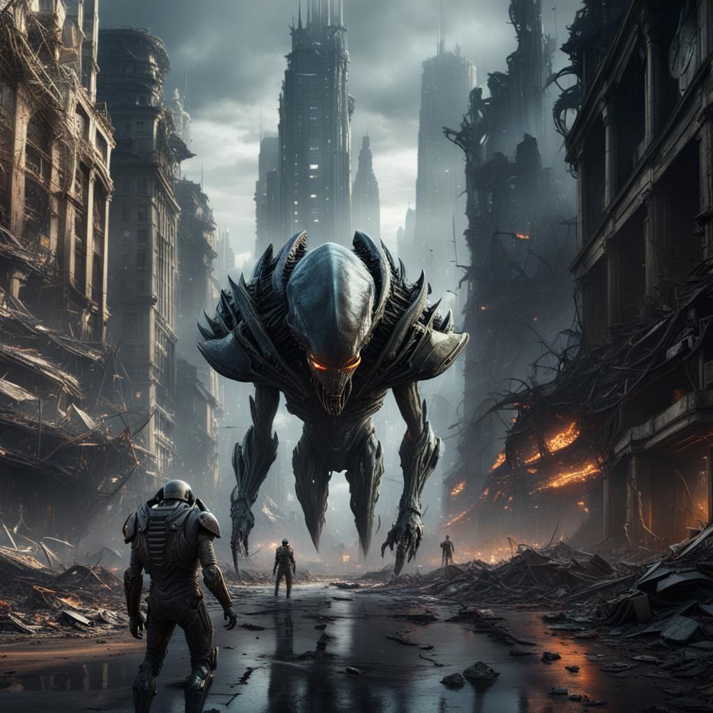 Alien Army Confrontation on Destroyed City Street