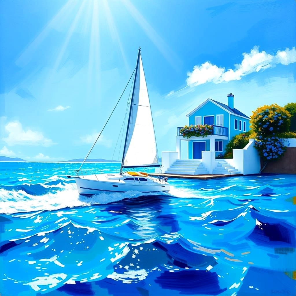 Blue Sailboat and Beach House in Abstract Art