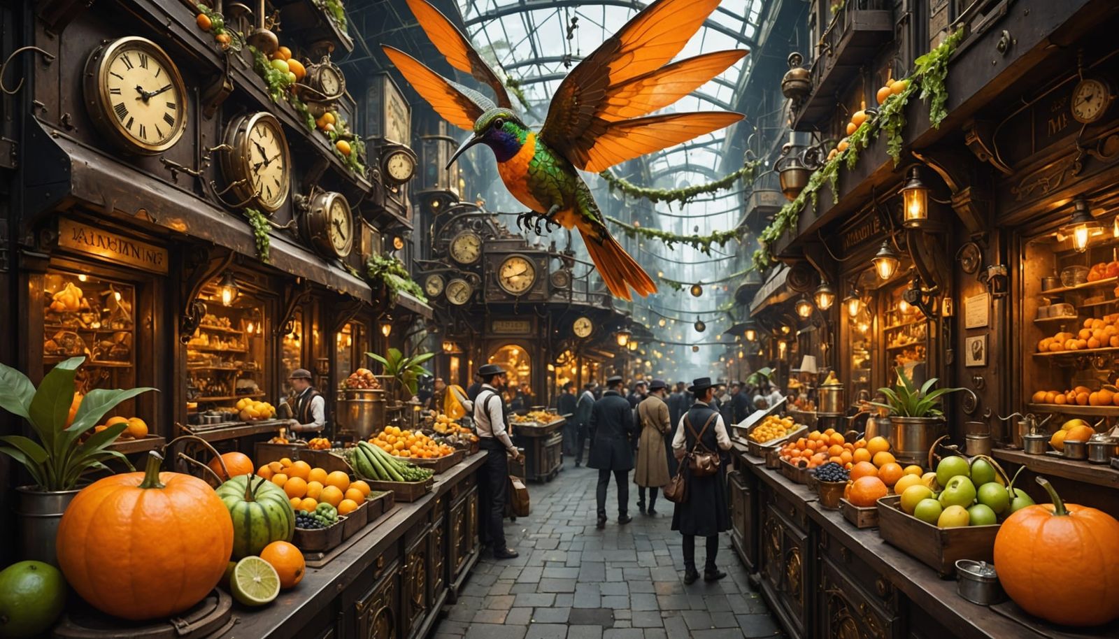 Steampunk Marketplace with Clockwork Automaton Hummingbird