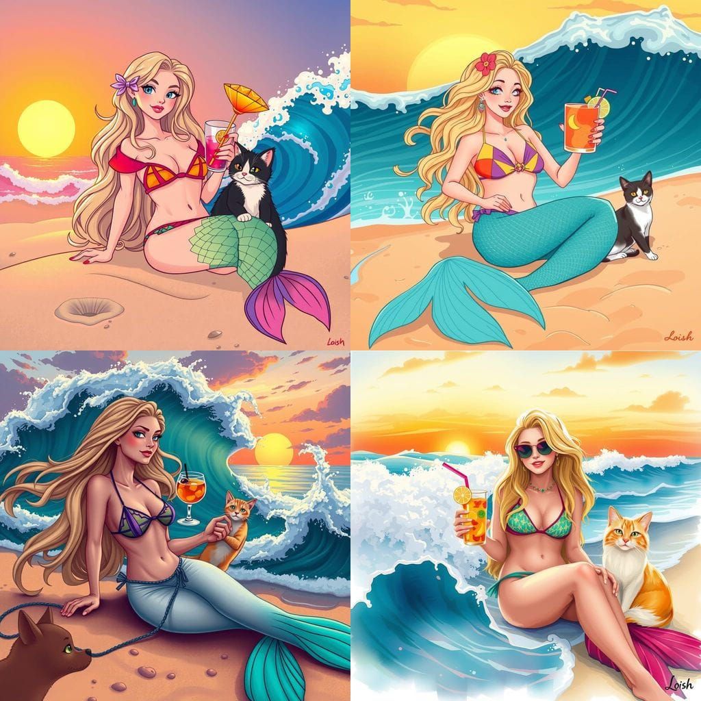 Blonde Mermaid with Cat on Beach at Sunset