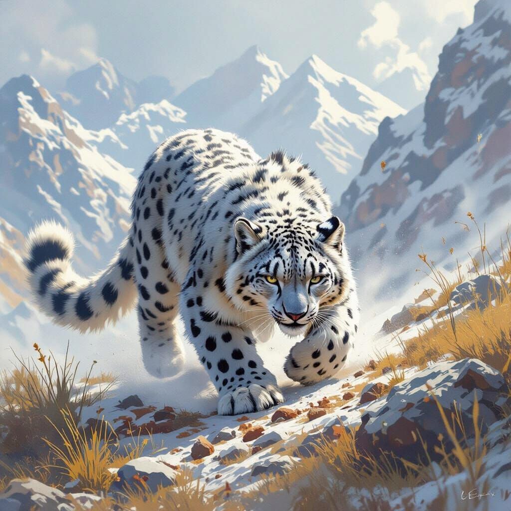 Snow Leopard Pouncing in Mountainous Terrain