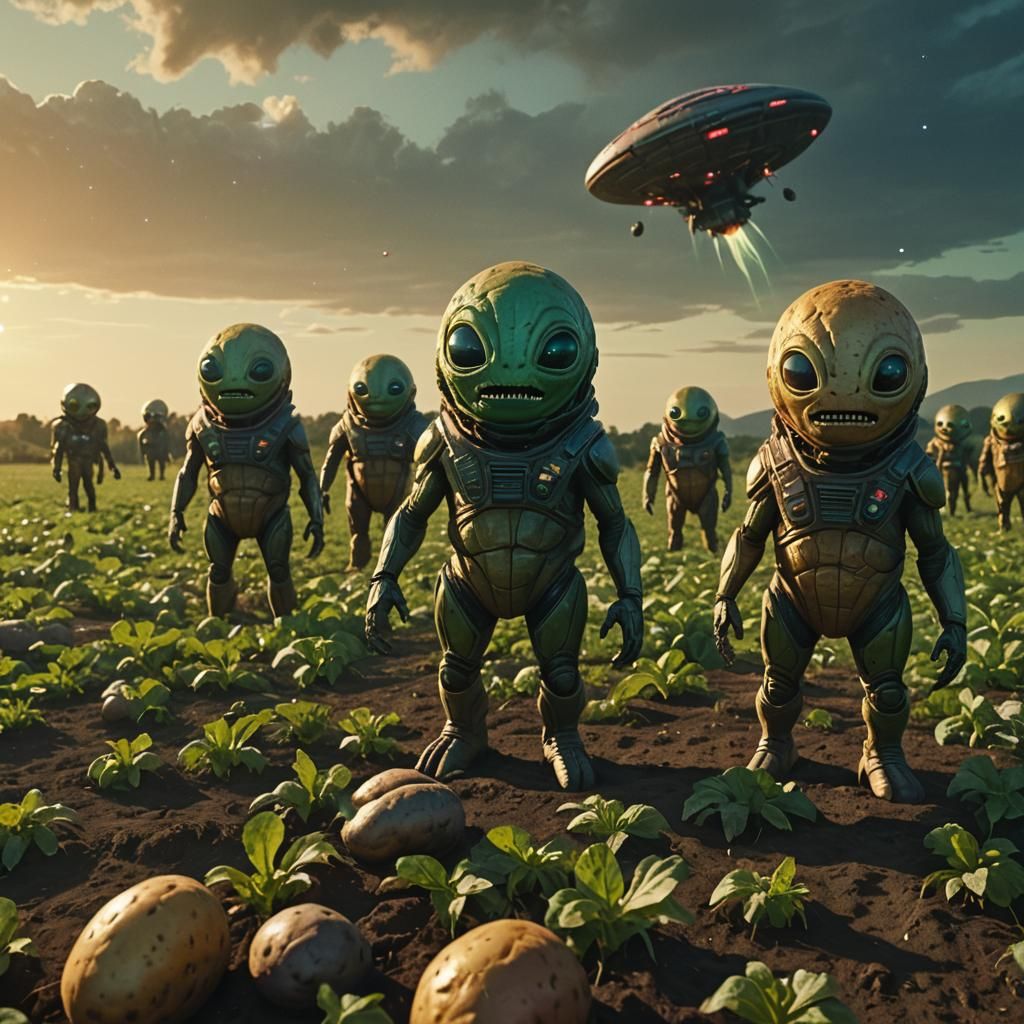 Alien Potato Monsters Gaze at Spaceship: Sci-Fi Concept Art