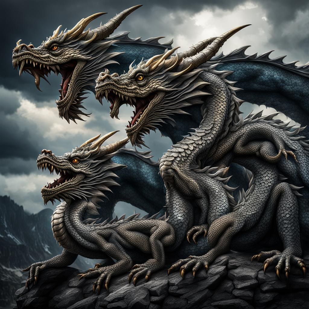 Hyperrealistic Three-Headed Dragon in HDR