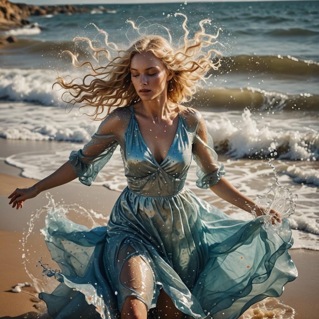 Water Woman Dancing on Seashore in Cinematic Light