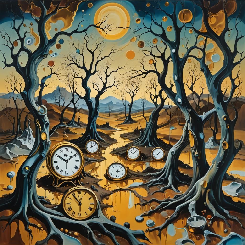 Dreamlike Landscape with Melting Clocks as Impasto Painting