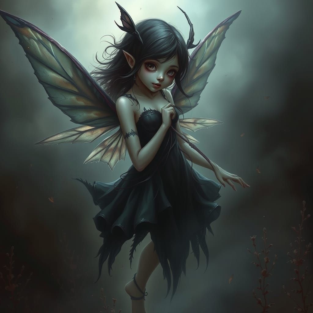 Enigmatic Dark Fairy in Haunting, Mystical Landscape