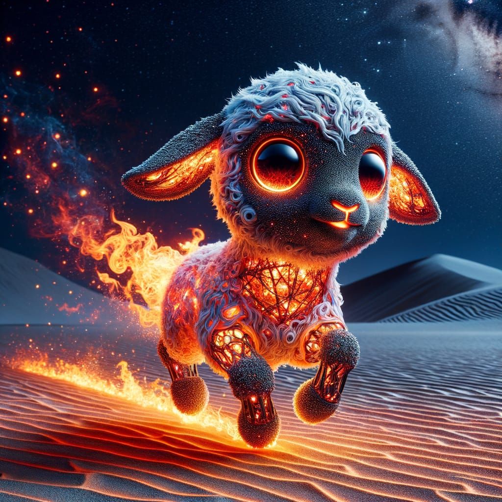 Fiery Lava Lamb Galloping Through Desert Night