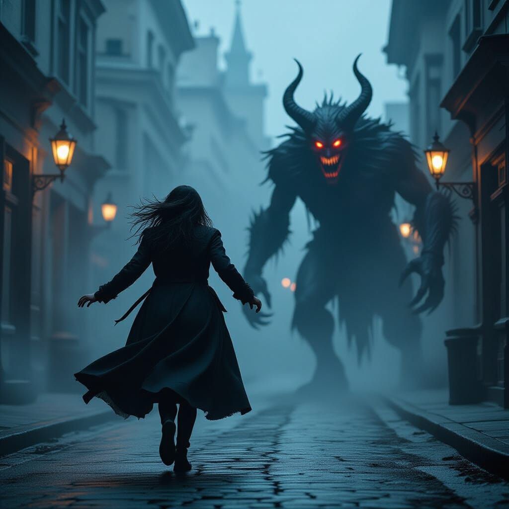 Terrified Woman Running From Demon in Dark Fantasy Style