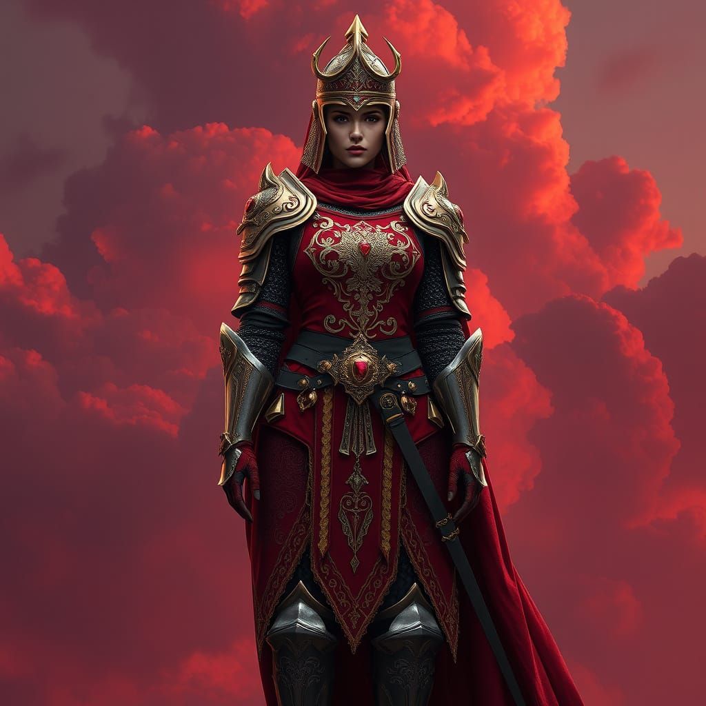 Regal Knight Woman in Red Armor on a Dramatic Cloudy Backgro...