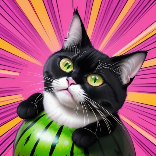 Psychedelic and surreal creation of a cat with a green water...