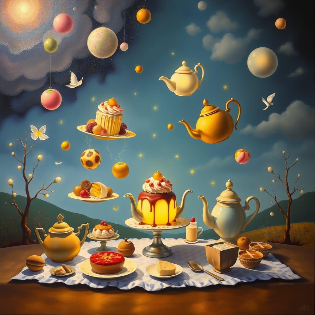 Surrealist Oil Painting of Levitating Feasts and Glowing Des...