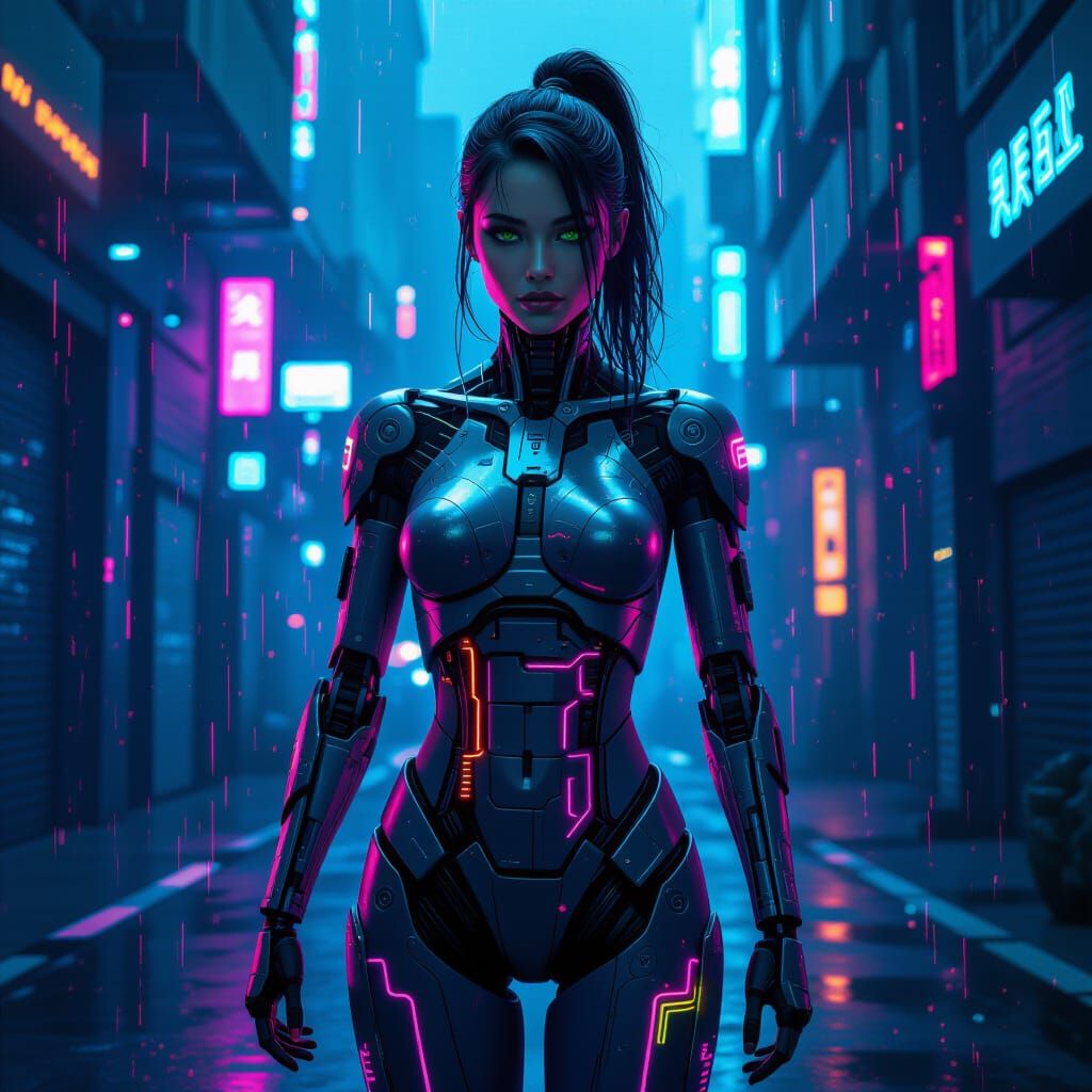 Cybernetic Woman with Neon Glitches in Dystopian Future