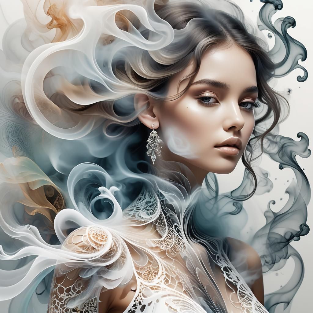 Surreal Fractal Art Portrait of Girl in Smoke Dress