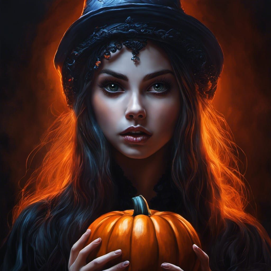 Ghostly Halloween Girl with Pumpkin: Hyperrealistic Splash A...