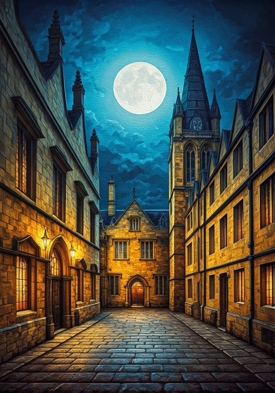 Oxford Colleges Under Moonlight: Oil Painting