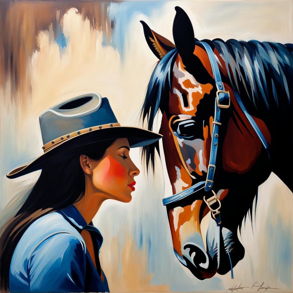 Young Woman and Horse: Impressionistic Oil Portrait