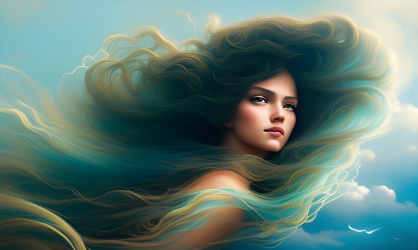 Girl Adrift in Stormy Ocean: Art Nouveau Portrait