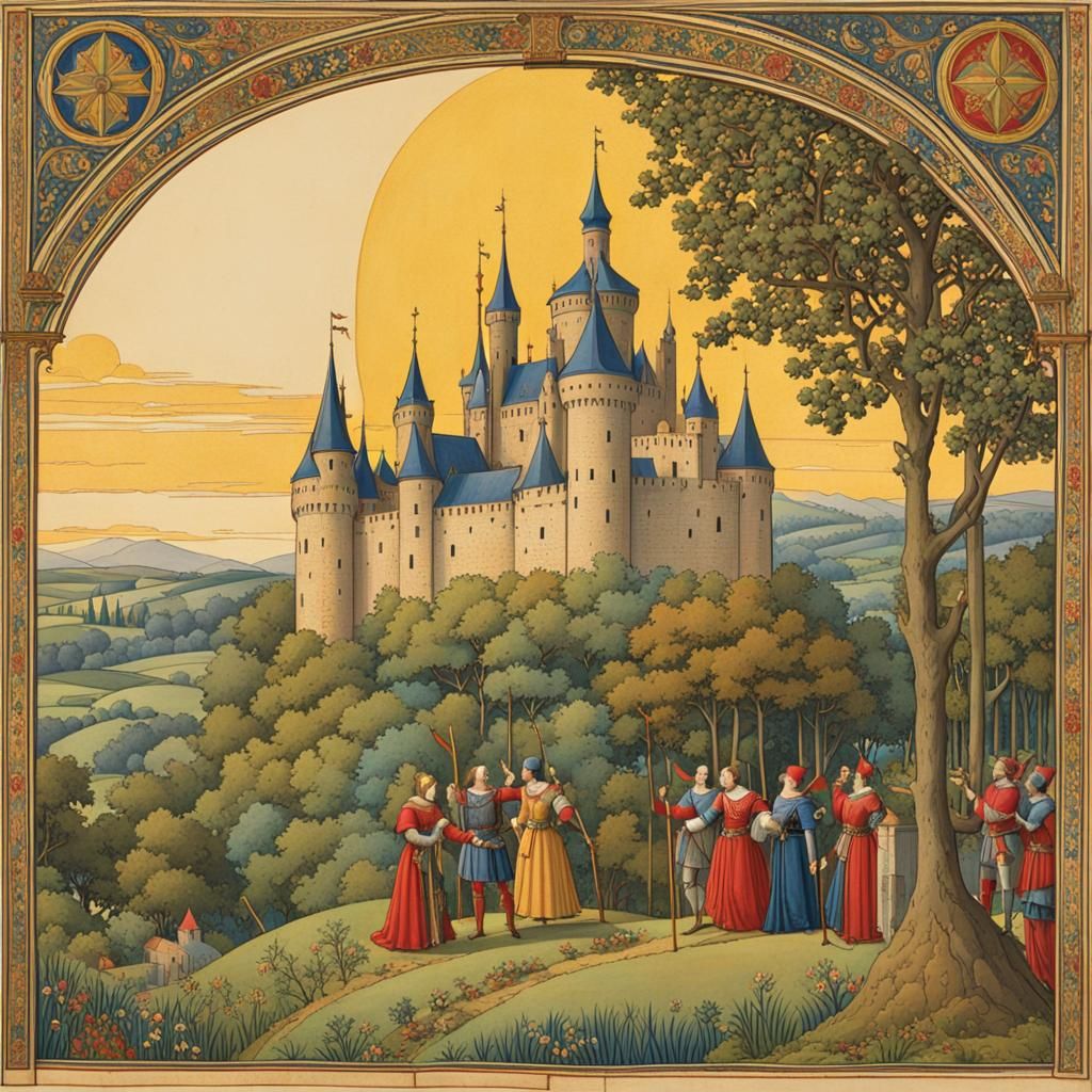 Illuminated Medieval Page with Castle and Knight