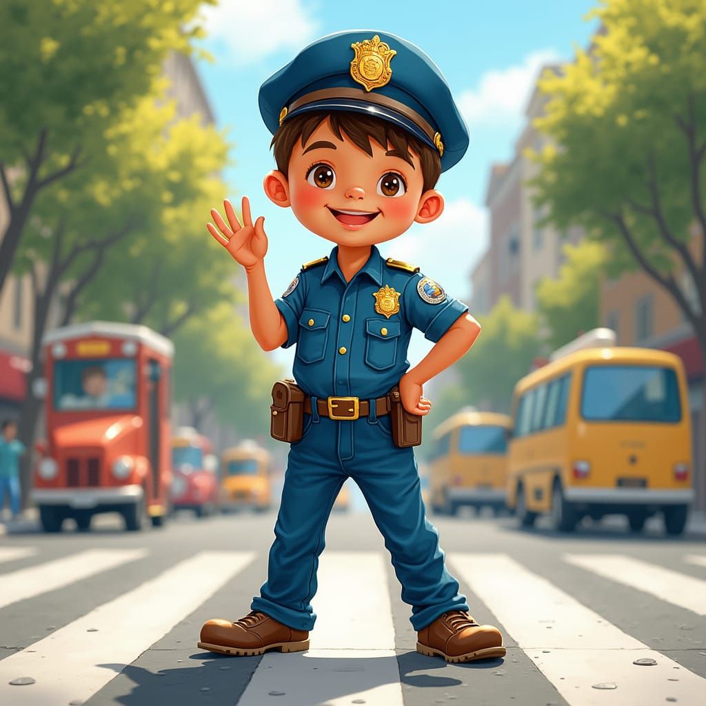 Boy Directing Traffic in Americana Illustration