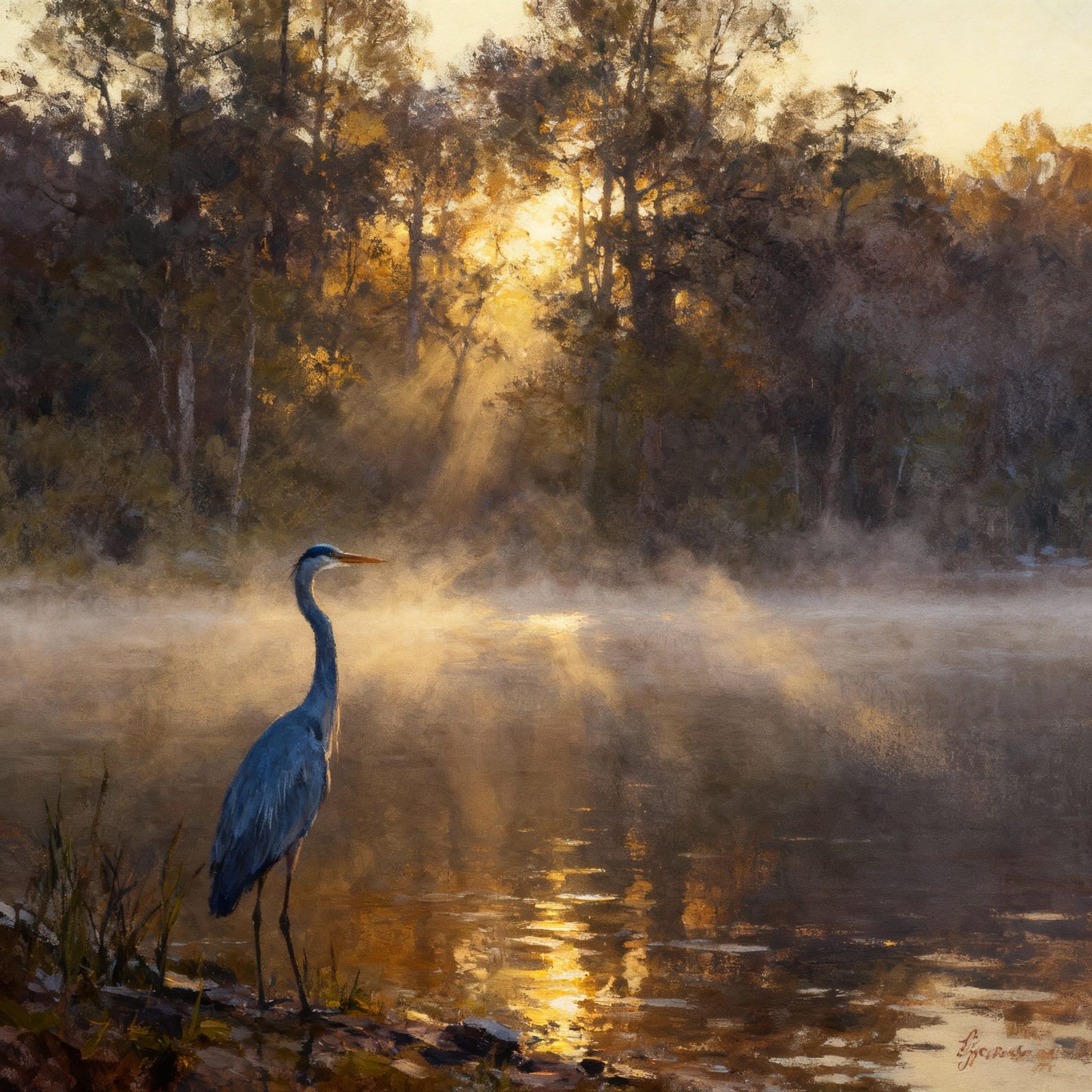 Serene Sunrise Over Misty Lake with Blue Heron Painting