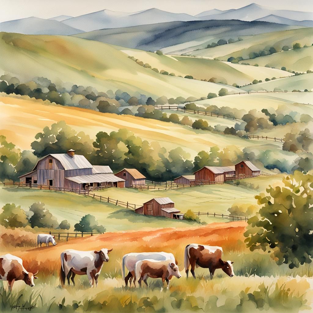Charming Countryside Scene in Watercolor Style