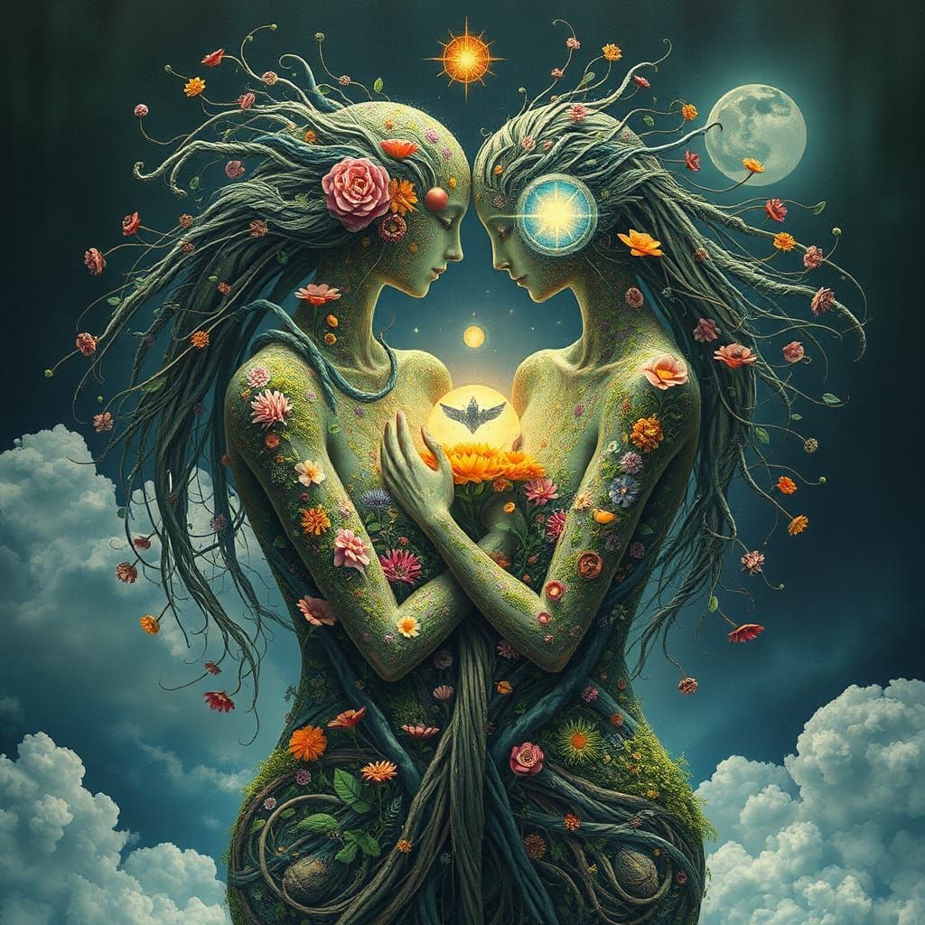 Intertwined Figures Revealing Dreamlike Fantasy Landscapes