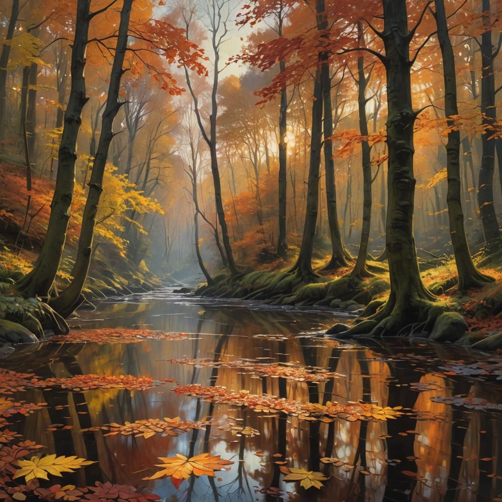 Autumn Forest River Landscape with Golden Light