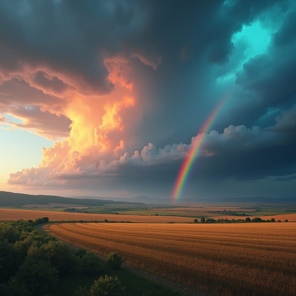 Rainbow Supercell Storm Over Farmland, Matte Painting