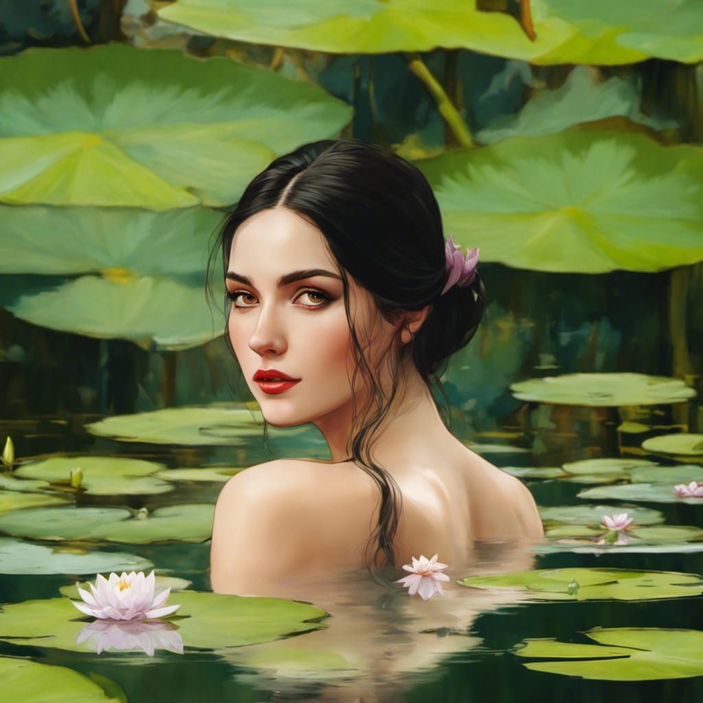 Woman Bathing in Lake with Water Lilies, Pre-Raphaelite Styl...