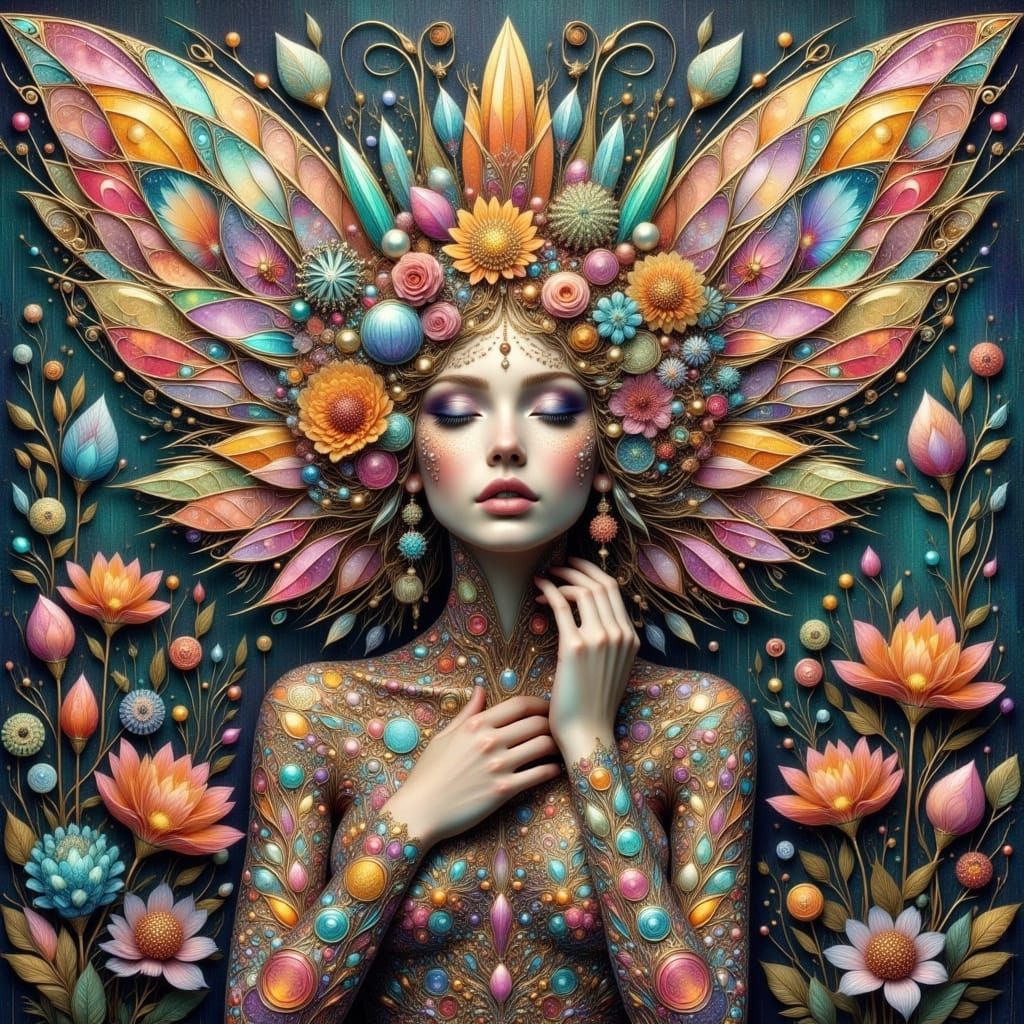 Prismatic Fairy Art in Layered Collage Style
