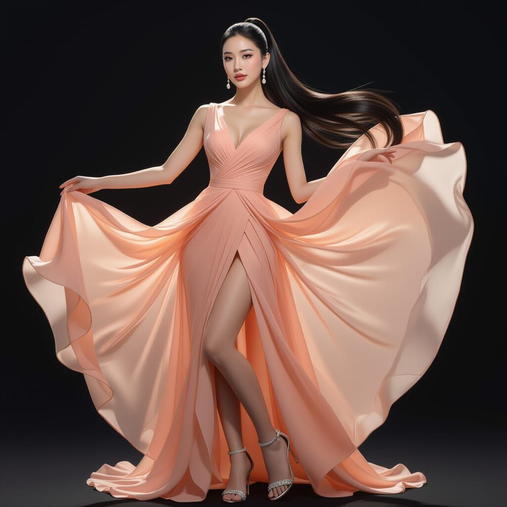 Elegant East Asian Woman in Peach Dress, Hyperrealistic Port...